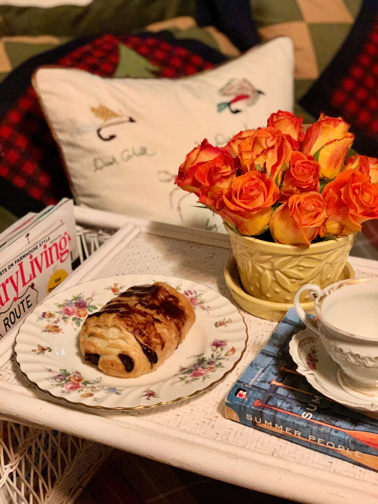 fresh flowers on breakfast tray, orange roses