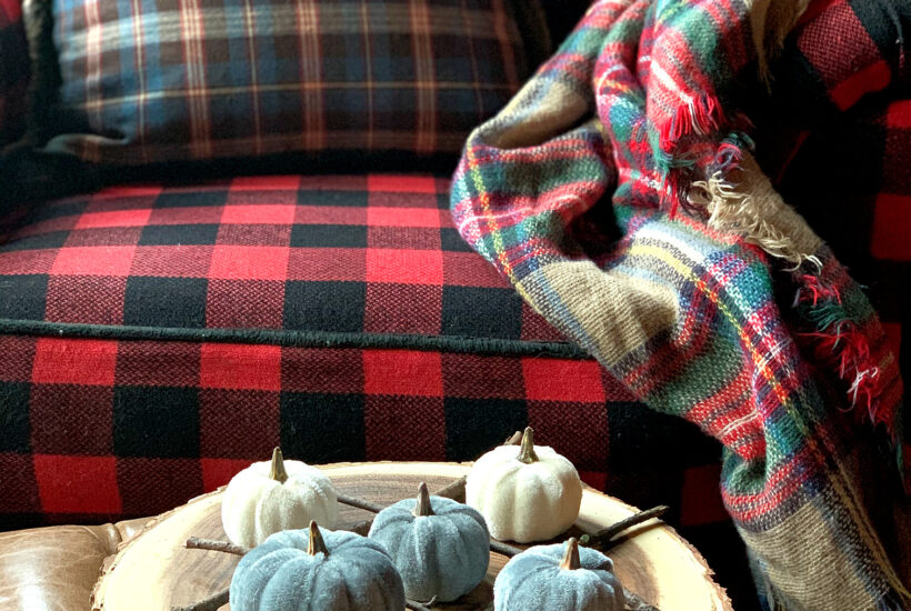 Tic Tac Toe Board Homemade with sticks, velvet pumpkins in cabin