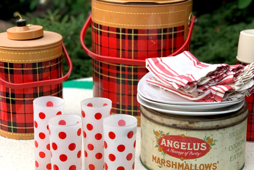 Vintage Scotch Cooler, Marshmallow tin, thermos and glasses