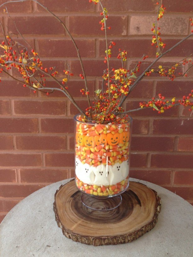 Halloween centerpiece with bittersweet and candy