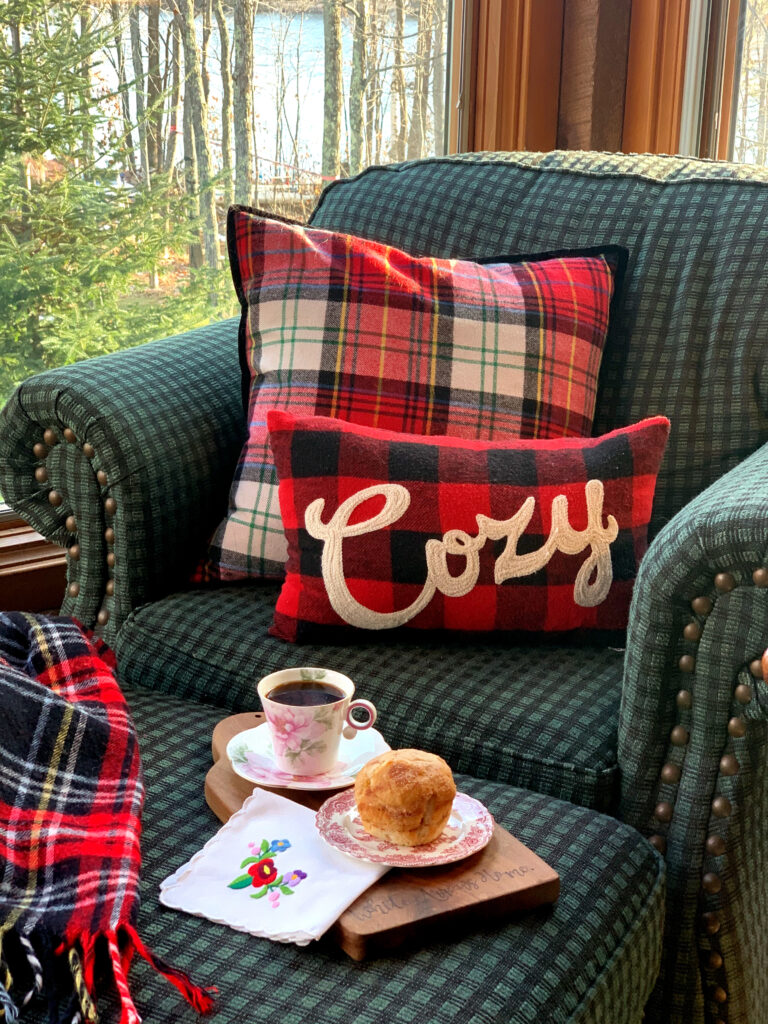 Tea Cup and muffin in the cabin curled up in plaid chair