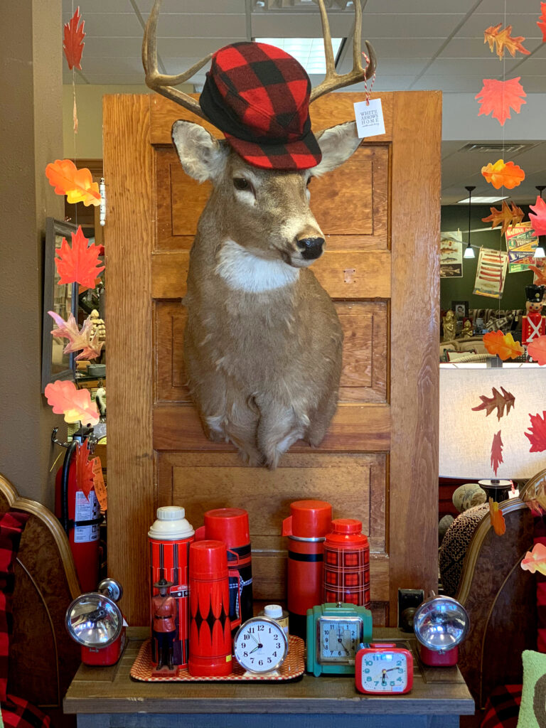 Deer mount and thermos in cabin White Arrows Home the Shop