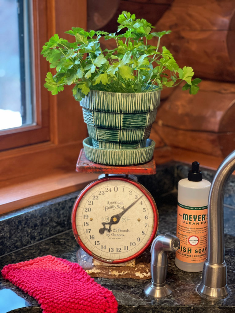 kitchen herbs in McCoy pot on vintage scale