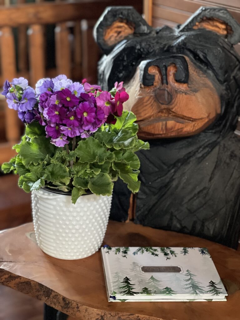 Cabin Guest Book on Carved Bear