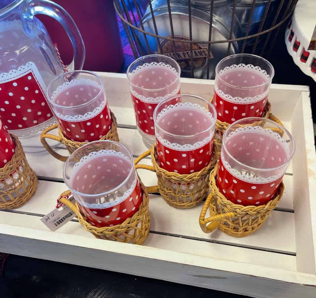 Vintage Red and White Polka Dot glassware in wicker holders