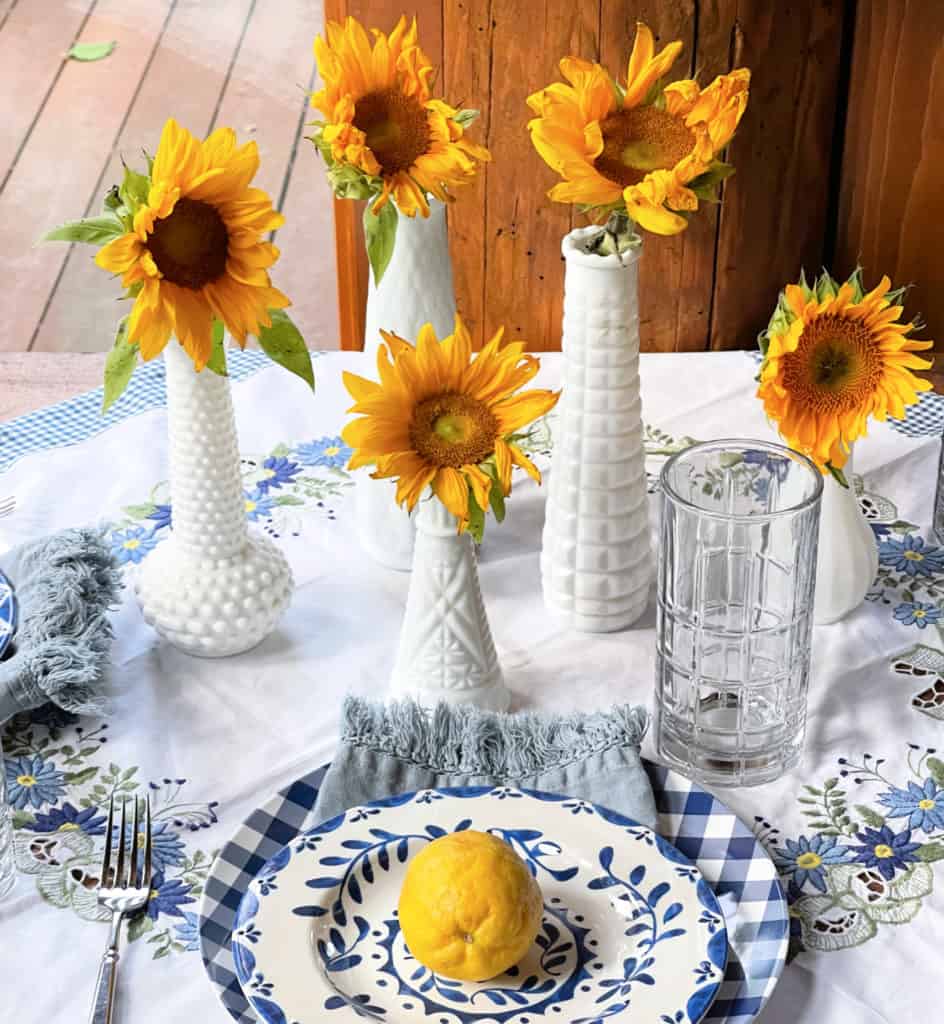 Sunroom Table set for Summer with blue and whites, vintage linens 