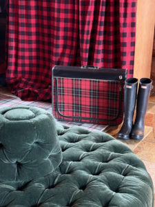 Vintage Plaid Suitcase in Cabin Entryway with Buffalo Plaid