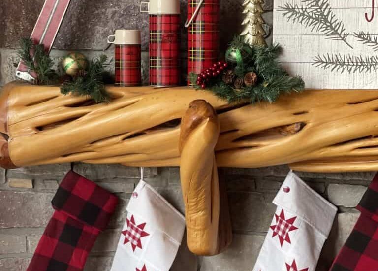 Christmas mantel decor with vintage plaid thermos
