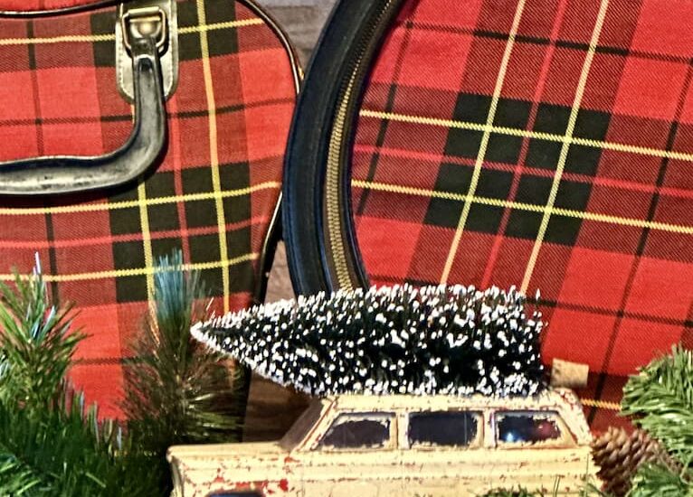 Plaid Christmas Decor- Vintage Toy Wagon with Christmas Tree