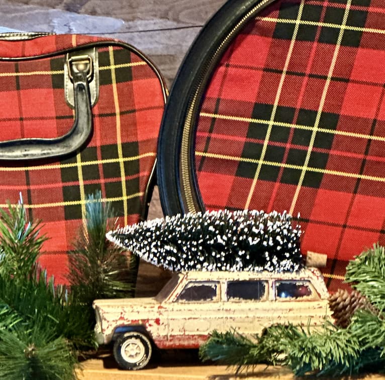 Plaid Christmas Decor- Vintage Toy Wagon with Christmas Tree