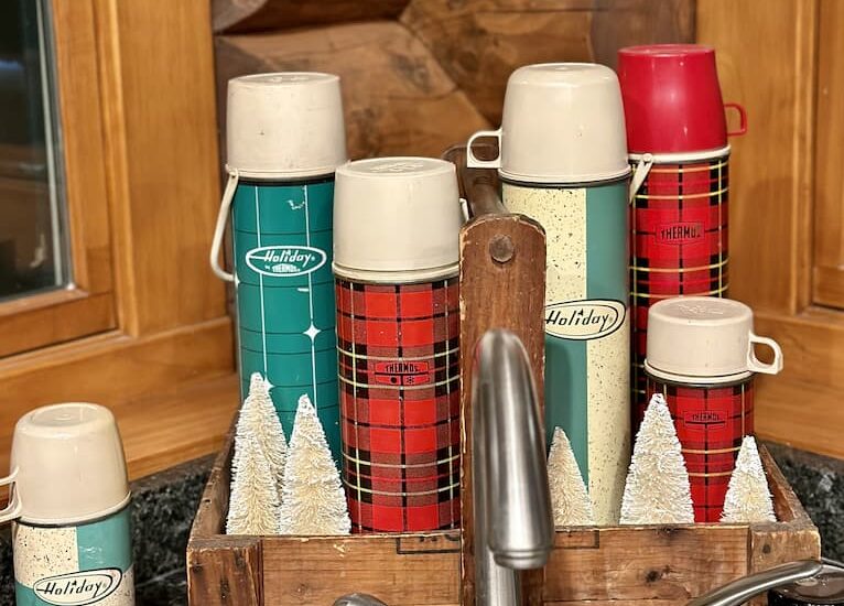 Holiday and Plaid Thermos Vignette in Vintage wood tote