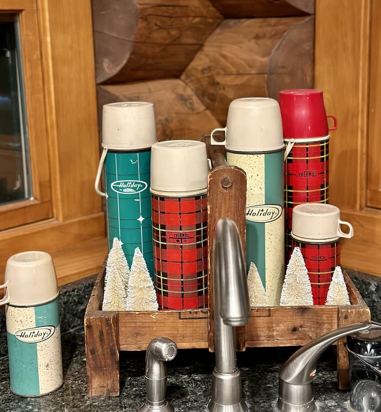 Holiday and Plaid Thermos Vignette in Vintage wood tote