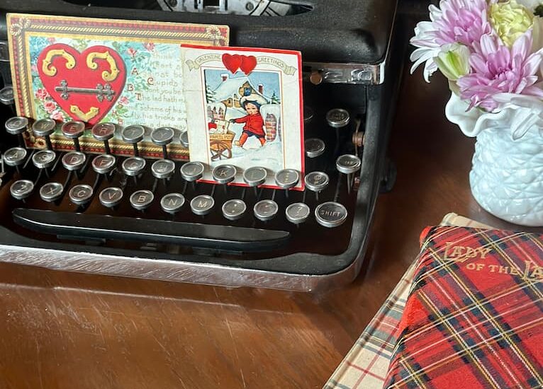 Valentine Decor Vintage Valentines, Plaid Books , Milk Glass Vase and Typewriter