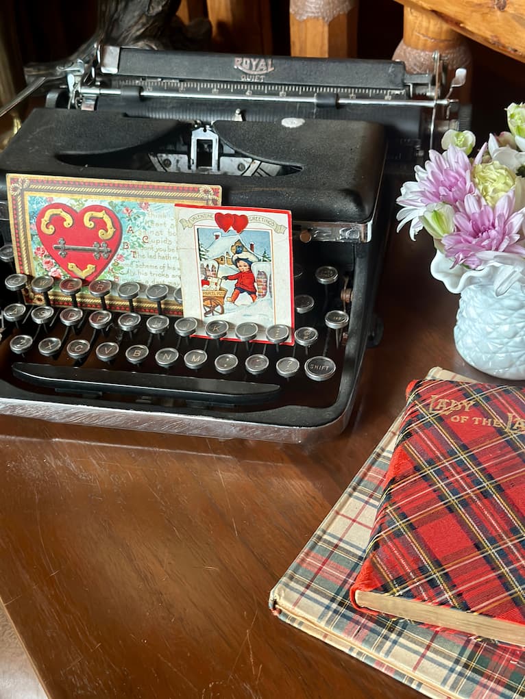 Valentine Decor Vintage Valentines, Plaid Books , Milk Glass Vase and Typewriter