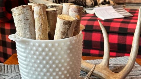 Winter Decor with Milk Glass, Birch, Antler, Buffalo Plaid in Cabin