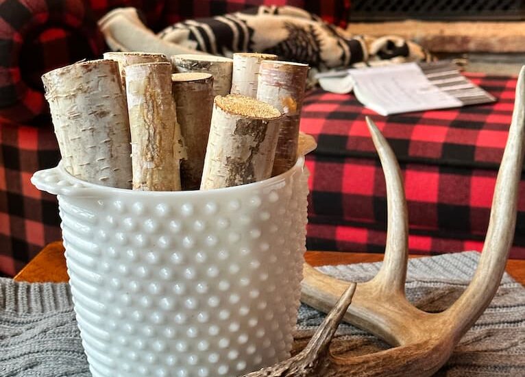Winter Decor with Milk Glass, Birch, Antler, Buffalo Plaid in Cabin