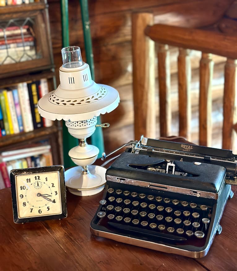 Vintage desk decor, lamp, clock and typewriter