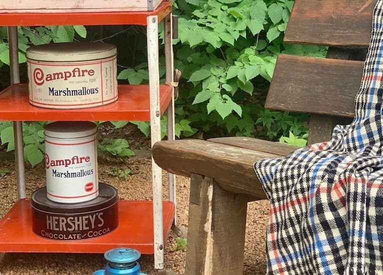 Summer Campfire at the Cabin with Marshmallow Tins, Soda Crate, wool blanket and lantern